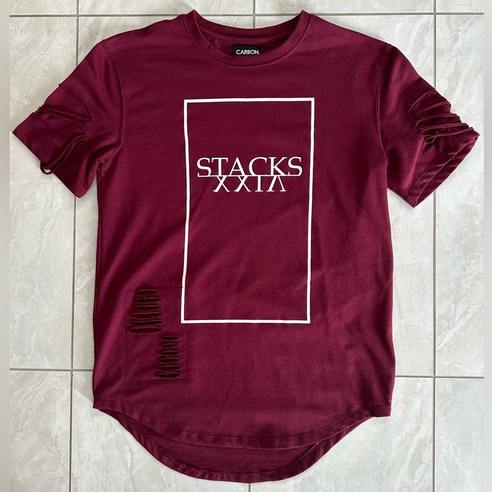 Carbon Distressed Curved Hem T-Shirt - Burgundy / White, Small